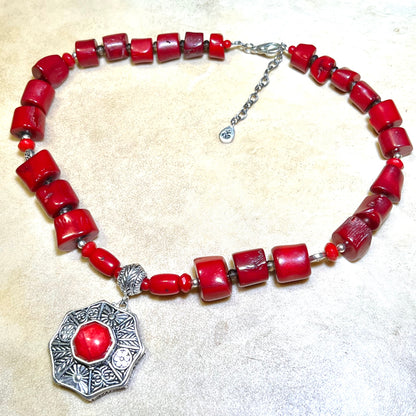 Barse Chunky Red Coral & Silver Tone Necklace - Vintage