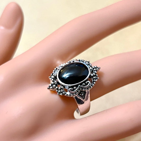 Black Stone & Marcasite Ring Set in Silver Tone Marked Thai Size 8.5