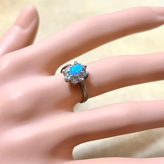 Blue Opal & Clear Rhinestone Encrusted Sterling Silver Ring Size 5