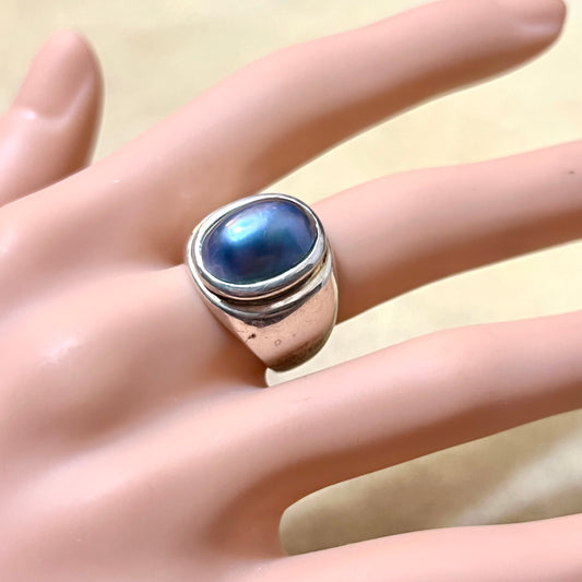 Blue Pearl Sterling Silver Vintage Statement Ring Size 6