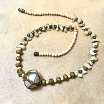 Mother of Pearl, Bone, & Brass Vintage Beaded Choker Necklace
