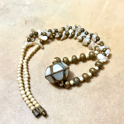 Mother of Pearl, Bone, & Brass Vintage Beaded Choker Necklace