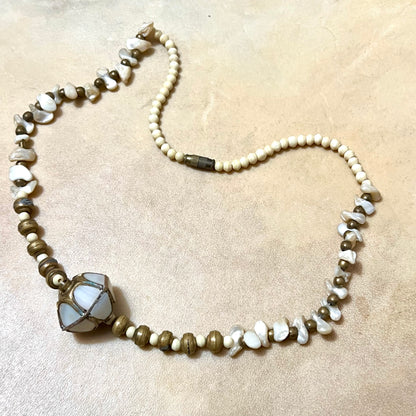 Mother of Pearl, Bone, & Brass Vintage Beaded Choker Necklace