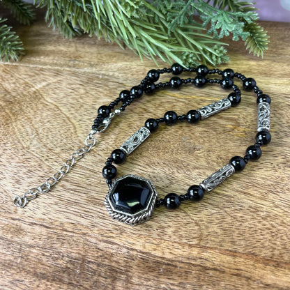 Black Obsidian Pendant Beaded Silver Tone Vintage Necklace