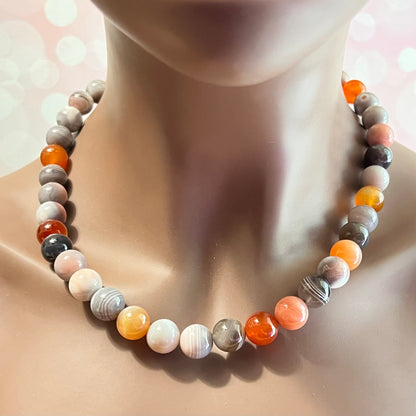 Botswana Agate Vintage Beaded 925 Sterling Silver Necklace