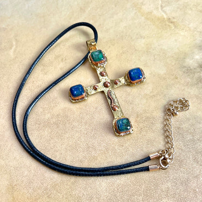 Vintage Brass & Copper Cross Necklace with Azurite & Malachite