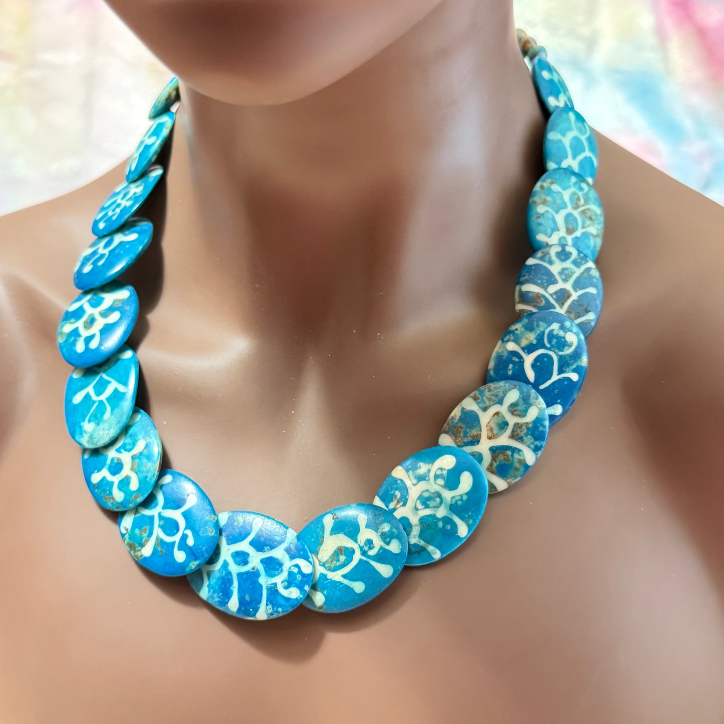 Blue Tagua Nut Vegetable Ivory Dragon Scale Necklace - Vintage