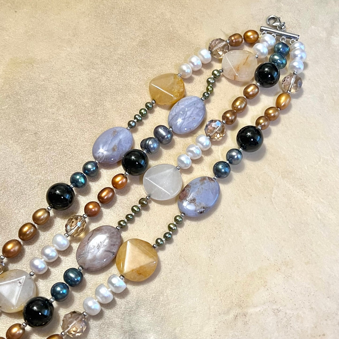 Vintage Colorful Pearl & Agate Gemstone Beaded Necklace with Sterling Silver Clasp