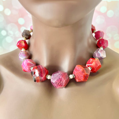 Vintage Magenta Dyed Agate Beaded Necklace with Sterling Silver Clasp by Lucoral