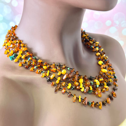 Amber Beaded Multi Strand Vintage Necklace