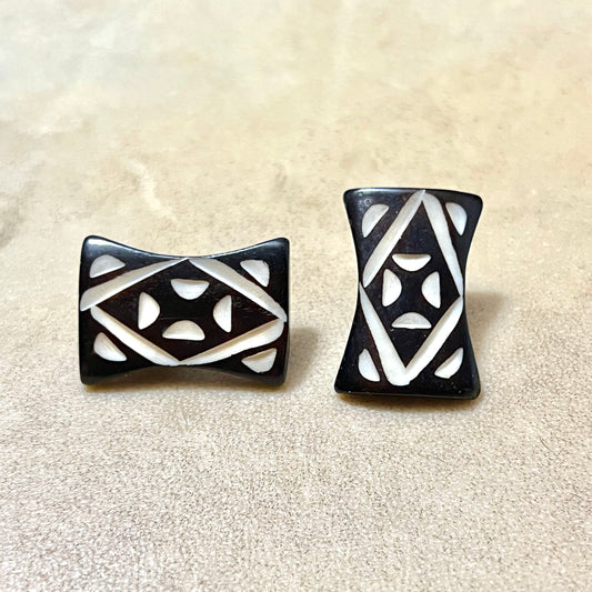 Engraved Bone Black & White Vintage Stud Pierced Earrings