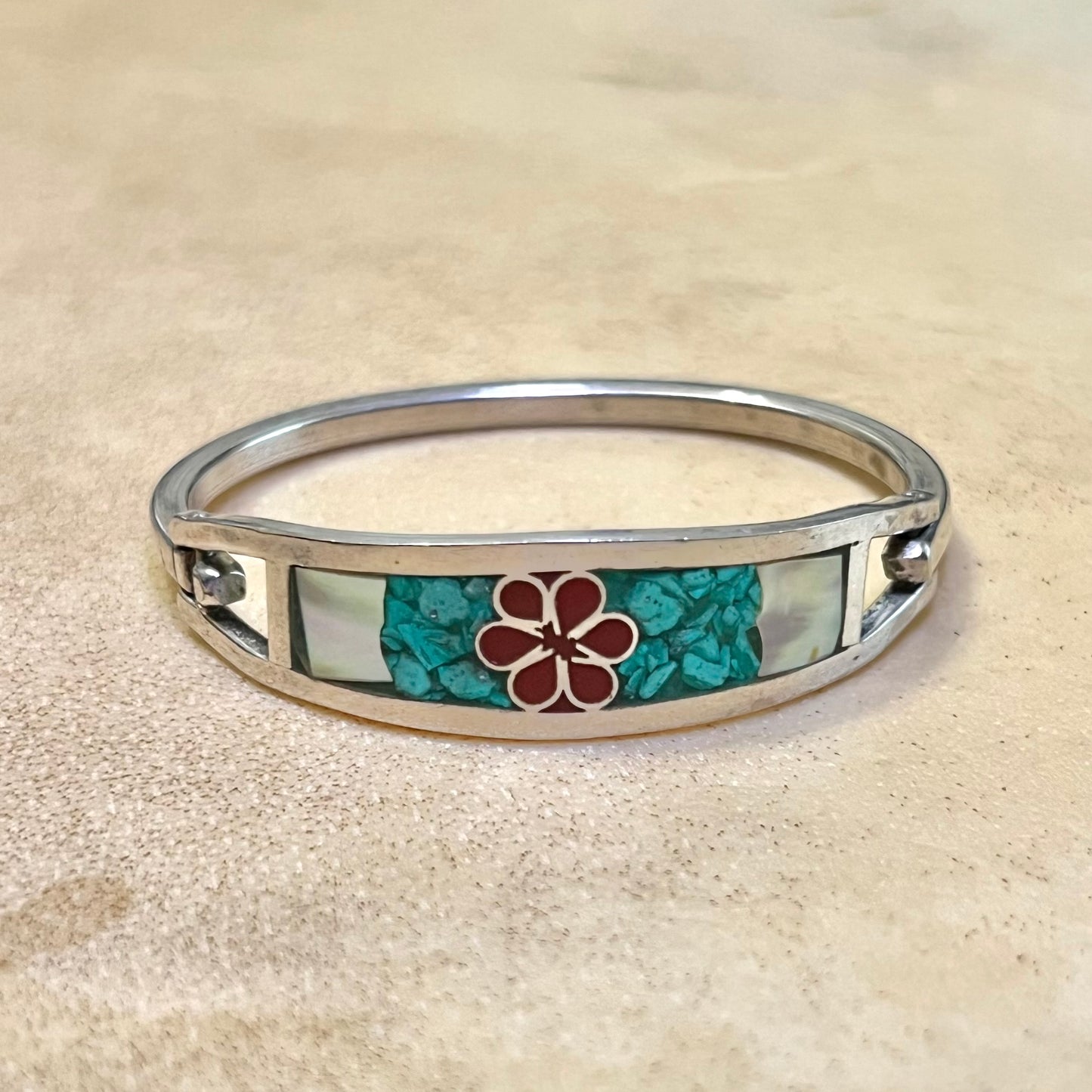 Vintage Alpaca Hinged Bracelet Silver Tone with Green Mother of Pearl Flower Inlay - SMALL