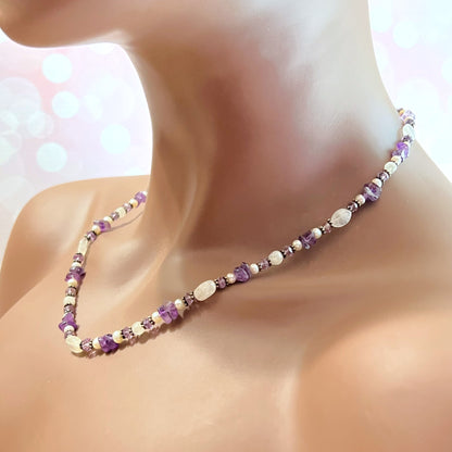 Amethyst, Rainbow Moonstone, & Pearl Vintage Beaded 925 Sterling Silver Necklace