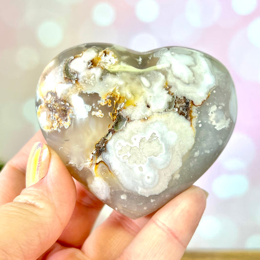 Flower Agate Carved Crystal Heart