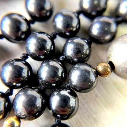 Vintage Hematite and Pyrite Black Hand Knotted Jewelry Set - Necklace and Bracelet