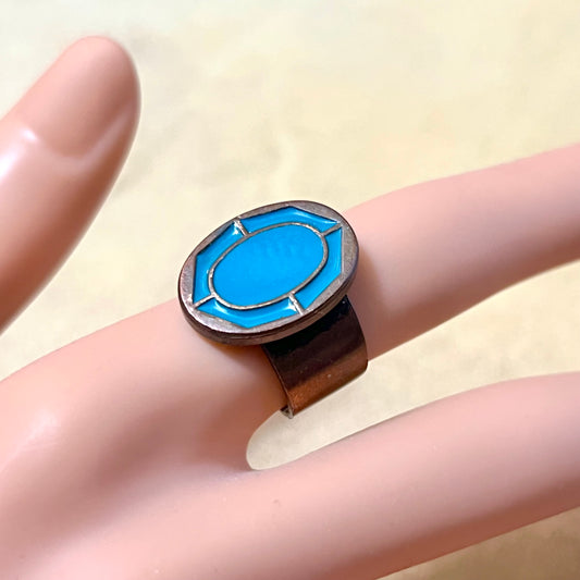 Solid Copper Vintage Ring with Turquoise Color Enamel Adjustable Size 5.5