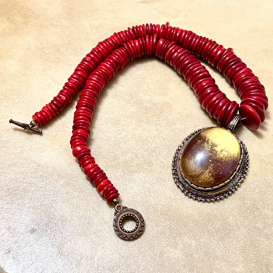 Red Coral Vintage Beaded Necklace with Faux Amber Pendant