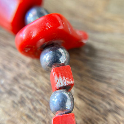 Bamboo Coral Beaded Vintage Necklace with 925 Sterling Silver Toggle Clasp