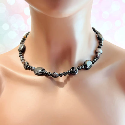 Black Agate Chalcedony Beaded Necklace