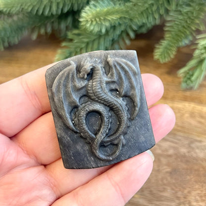 Silver Sheen Obsidian Dragon Carved Crystal Cabochon