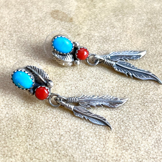 Turquoise & Coral Sterling Silver Feather Pierced Stud Earrings