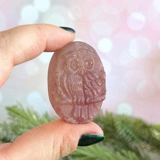 Strawberry Quartz Owl Carved Crystal Cabochon