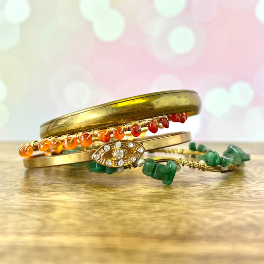 Vintage Bracelet Stack of 4 Gold Tone Bangles including Green Aventurine, Carnelian, and Evil Eye