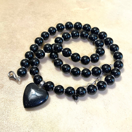 Black Stone Vintage Sterling Silver Beaded Necklace with Heart Pendant