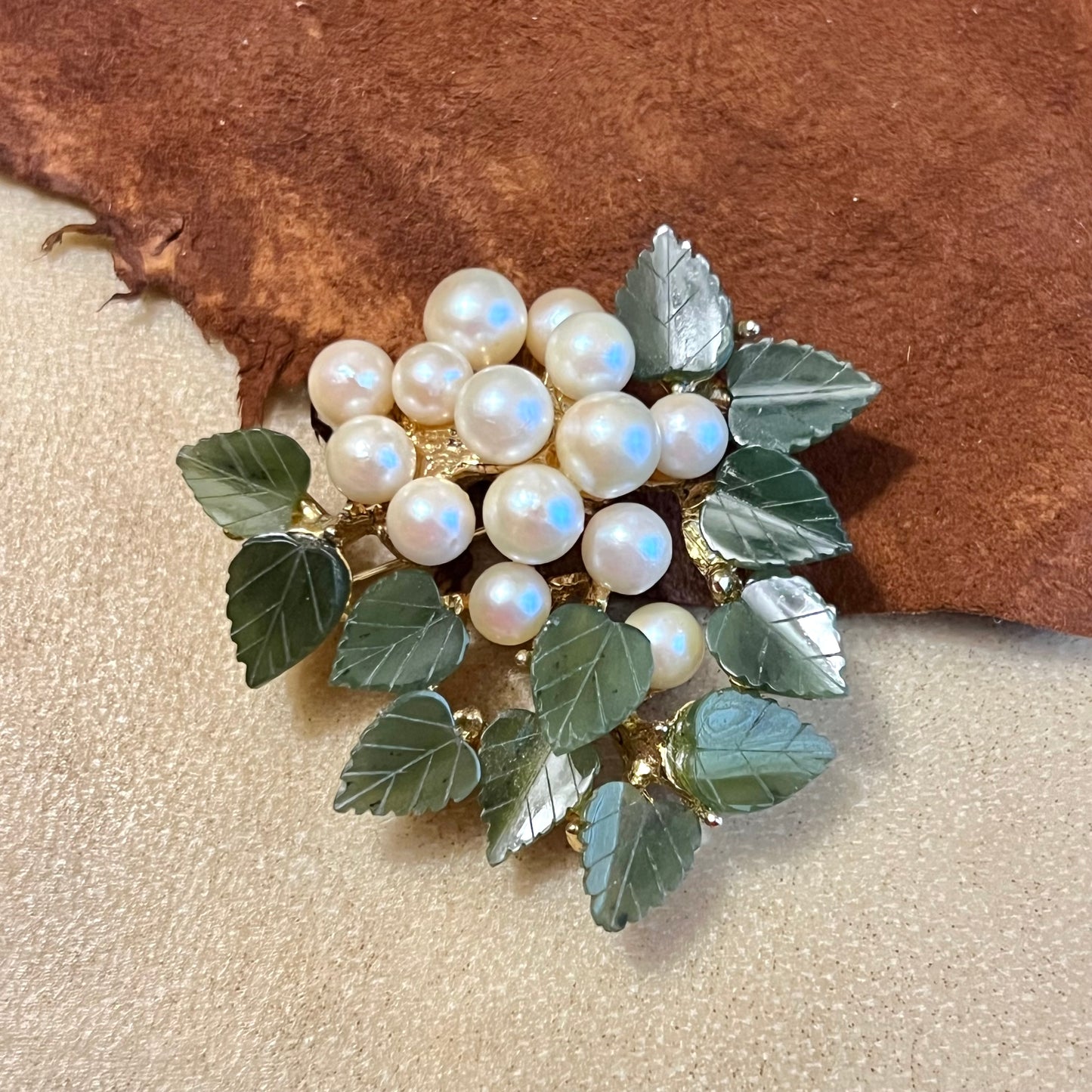 Swoboda Vintage Jade & Pearl Gold Tone Grape Bunch Brooch