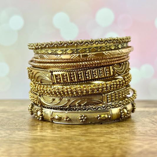 Vintage Gold Tone Bracelet Stack with 11 Textured Bangles