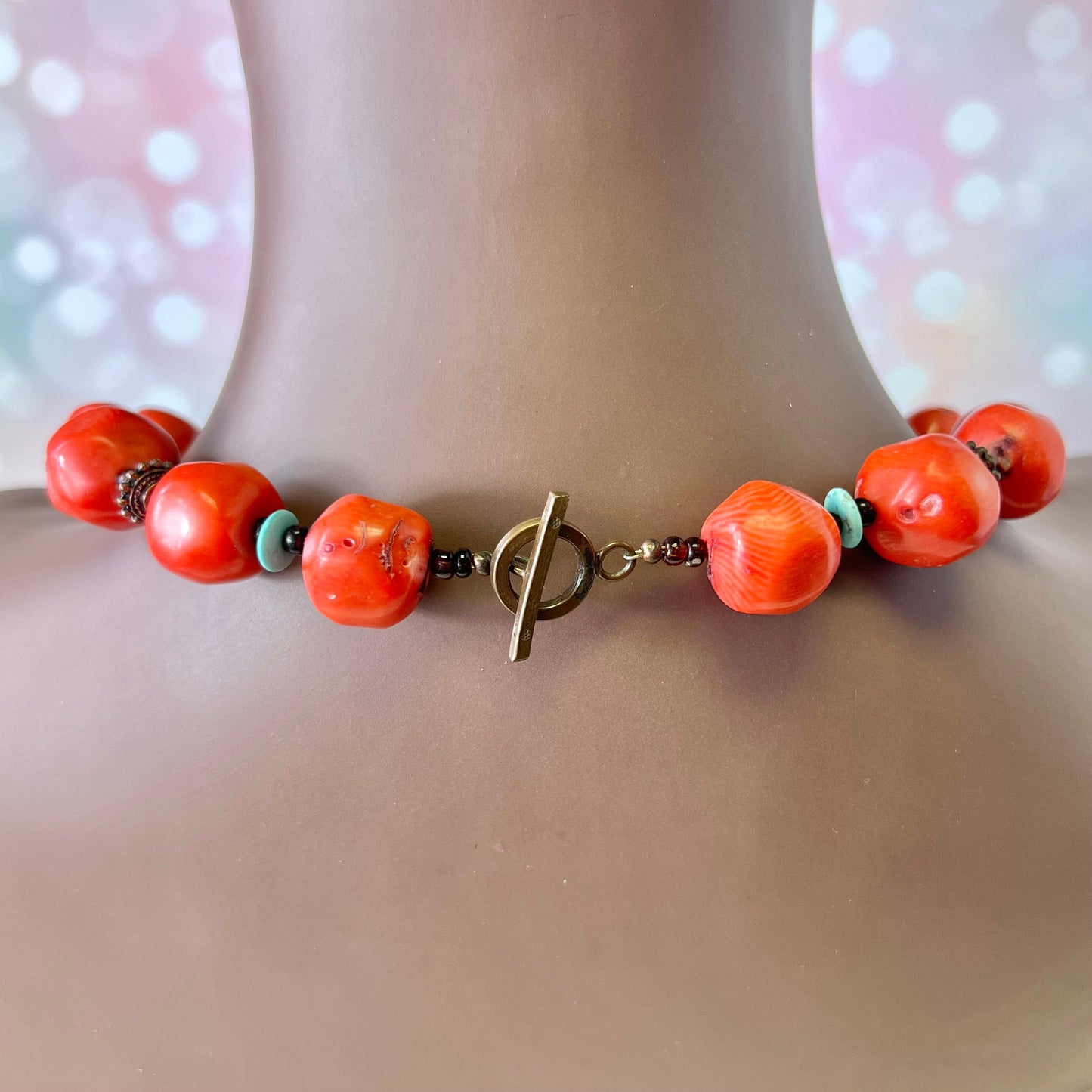 Bamboo Coral, Turquoise, & Copper Beaded Vintage Necklace