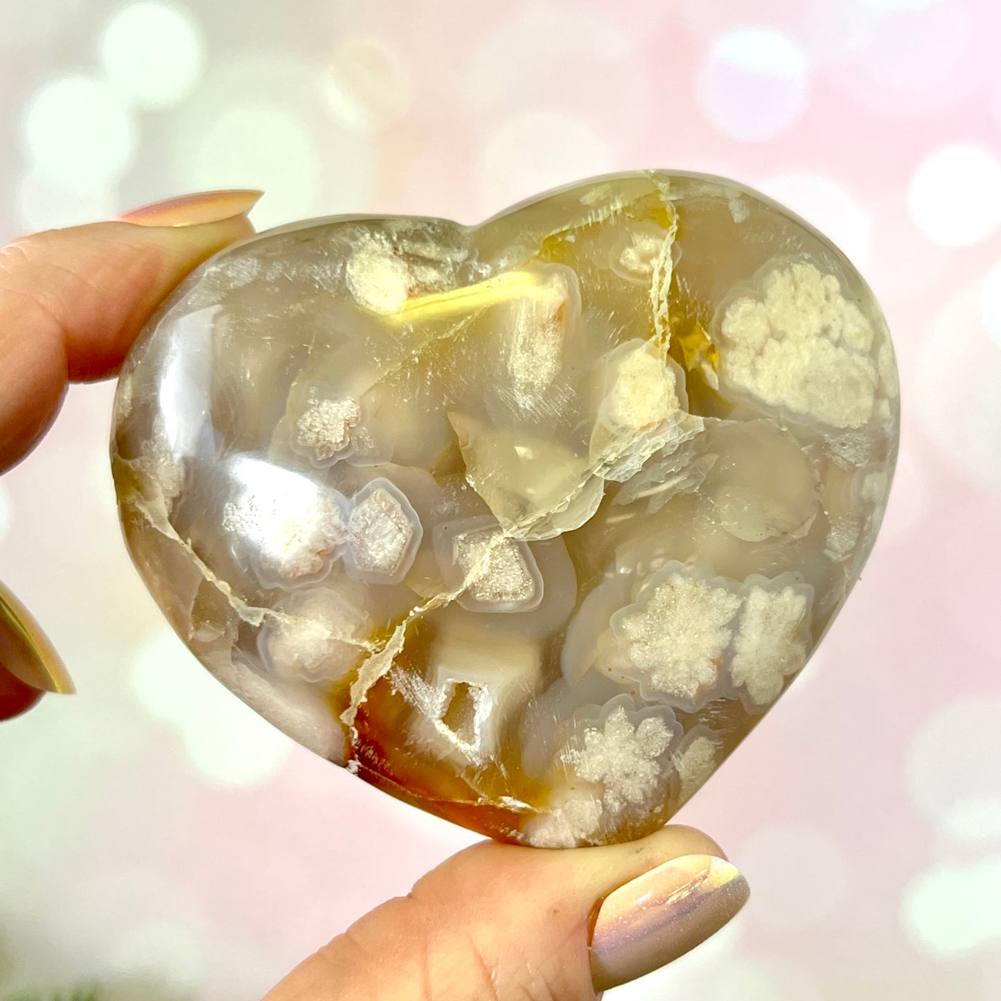 Flower Agate Carved Crystal Heart