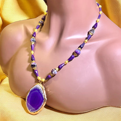 Purple & Gold Beaded Agate Handmade Necklace