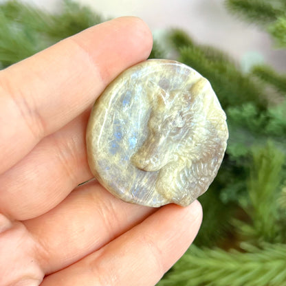 Belomorite Sunstone in Moonstone Wolf Carved Crystal Cabochon