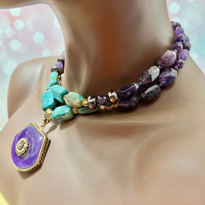 Amethyst, Pearl, & Turquoise Beaded Vintage Necklace by Barse