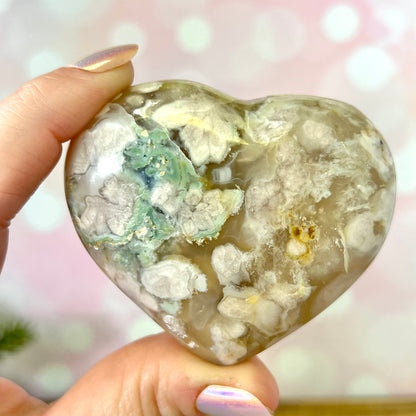 Flower Agate Carved Crystal Heart