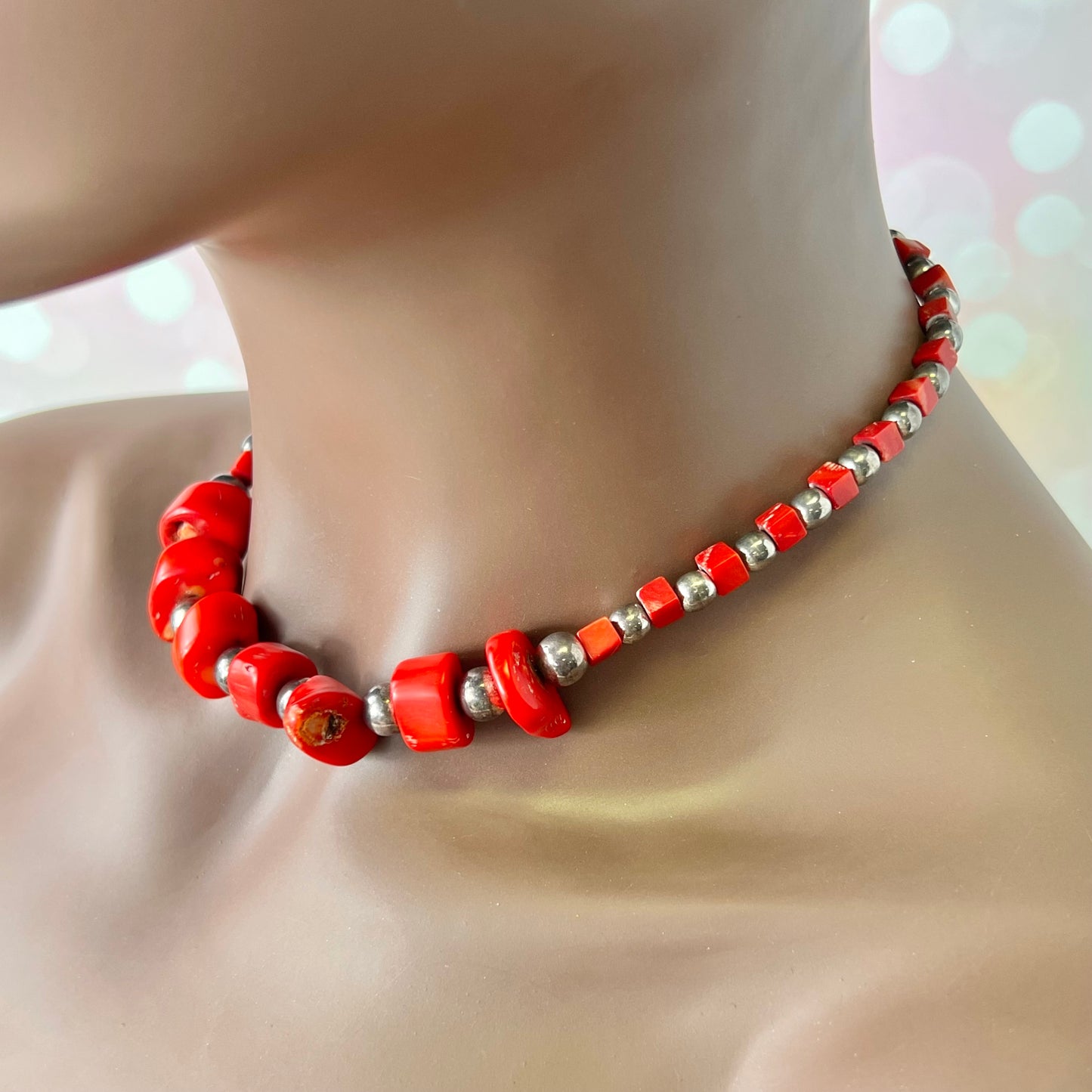 Bamboo Coral Beaded Vintage Necklace with 925 Sterling Silver Toggle Clasp