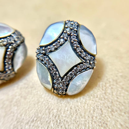 Mother of Pearl Abalone & Marcasite Vintage Sterling Silver Pierced Stud Earrings