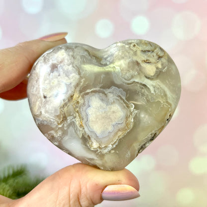 Flower Agate Carved Crystal Heart