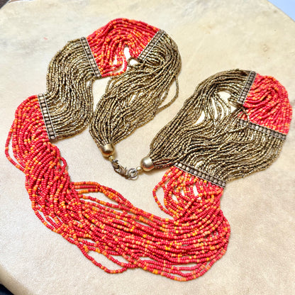 Cascading Red & Bronze Seed Bead Boho Multi-Strand Necklace