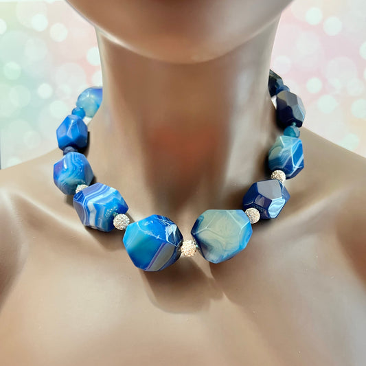 Chunky Blue Agate Vintage Beaded Sterling Silver Necklace