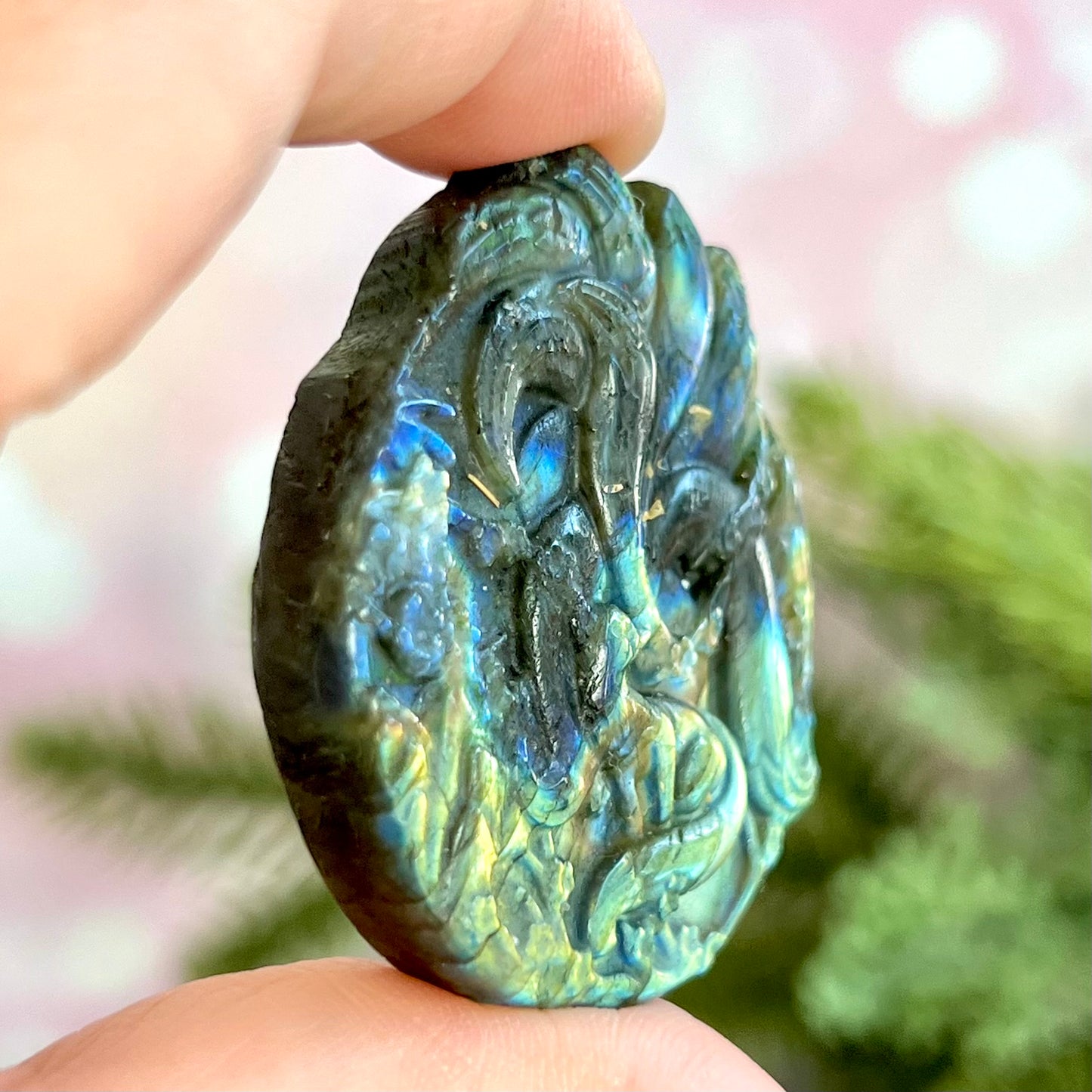 Kitsune Nine Tailed Fox with Cherry Blossom Tree Labradorite Crystal Carved Cabochon