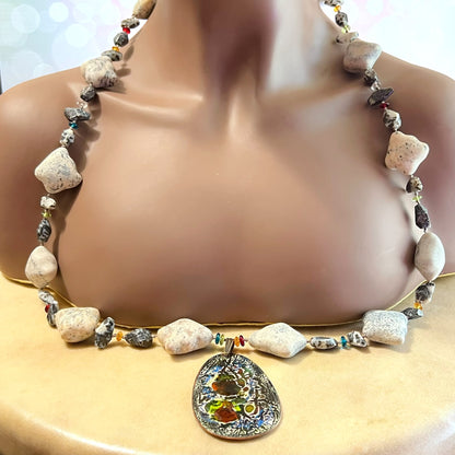 Artisan Handmade Agate & Stone Necklace with Enameled Metal Pendant