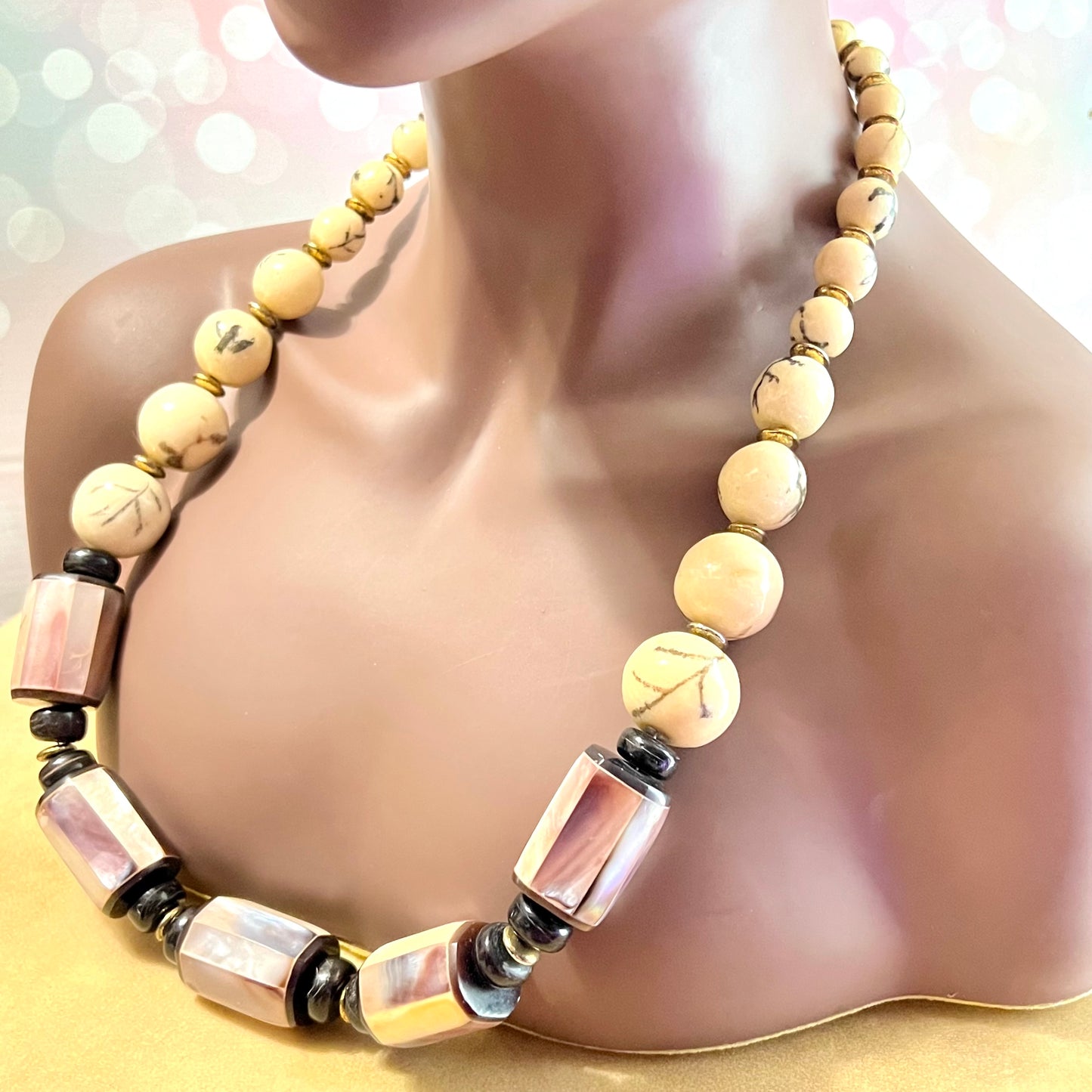 Mother of Pearl Large Vintage Beaded Barrel Necklace