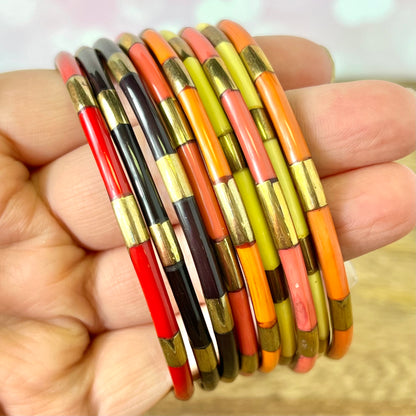 Vintage Warm Antique Brass Tone Bracelet Stack of 9 Bangles