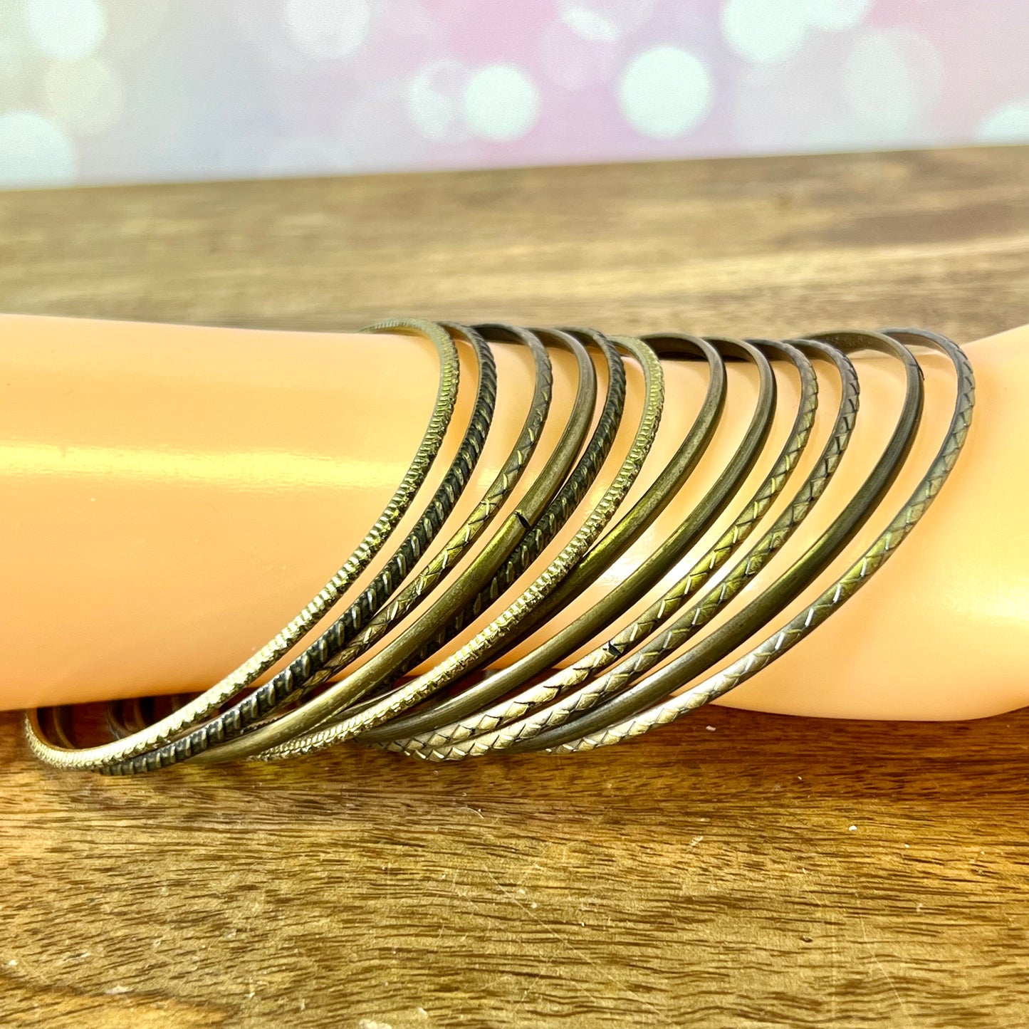 Vintage Antiqued Brass Tone Bracelet Stack of 12 Bangles