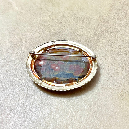 Vintage Red & Yellow Jasper Oval Cabochon with Gold Tone Bezel