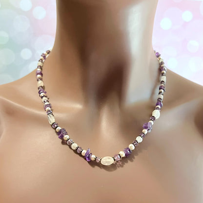 Amethyst, Rainbow Moonstone, & Pearl Vintage Beaded 925 Sterling Silver Necklace