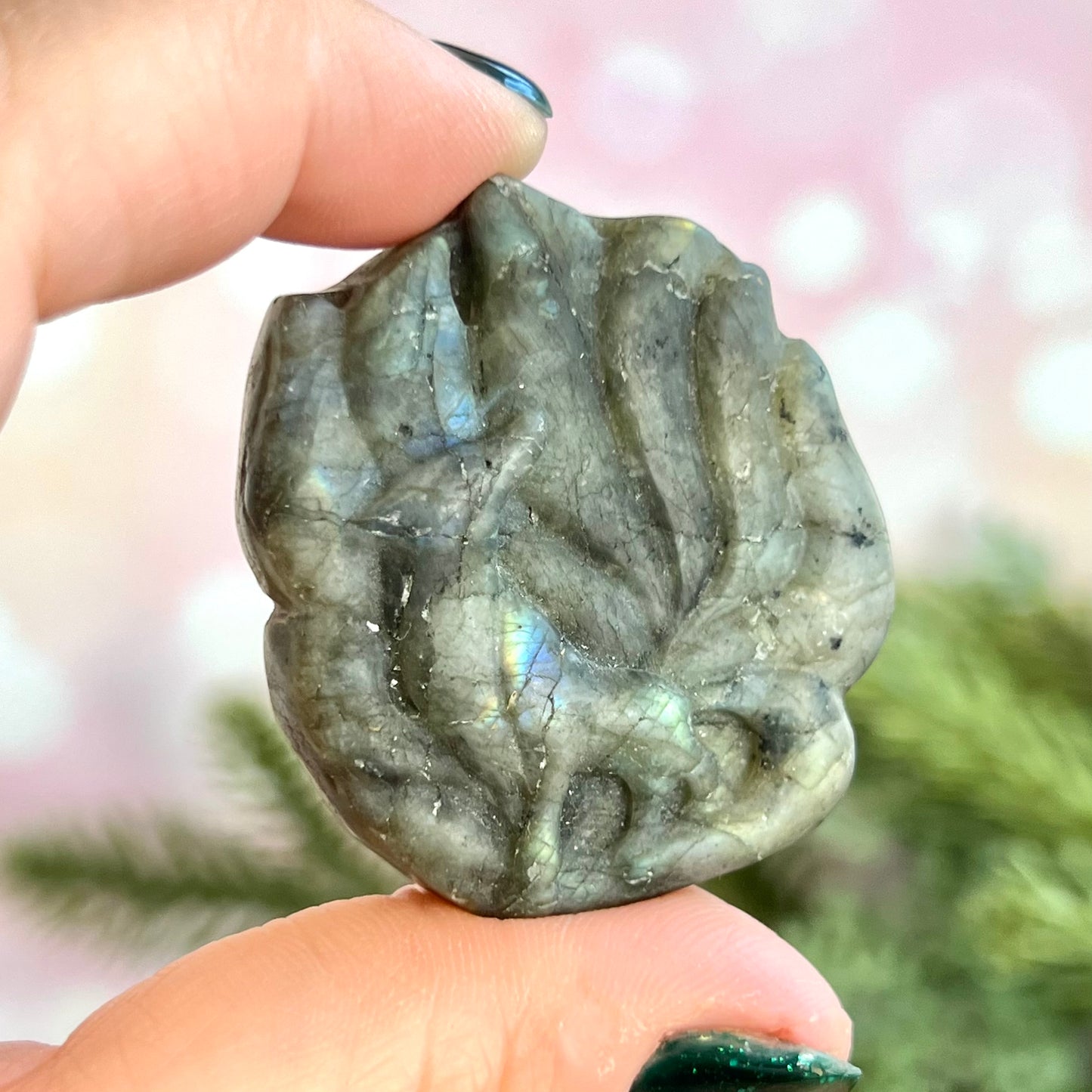 Kitsune Nine Tailed Fox Labradorite Crystal Carved Cabochon