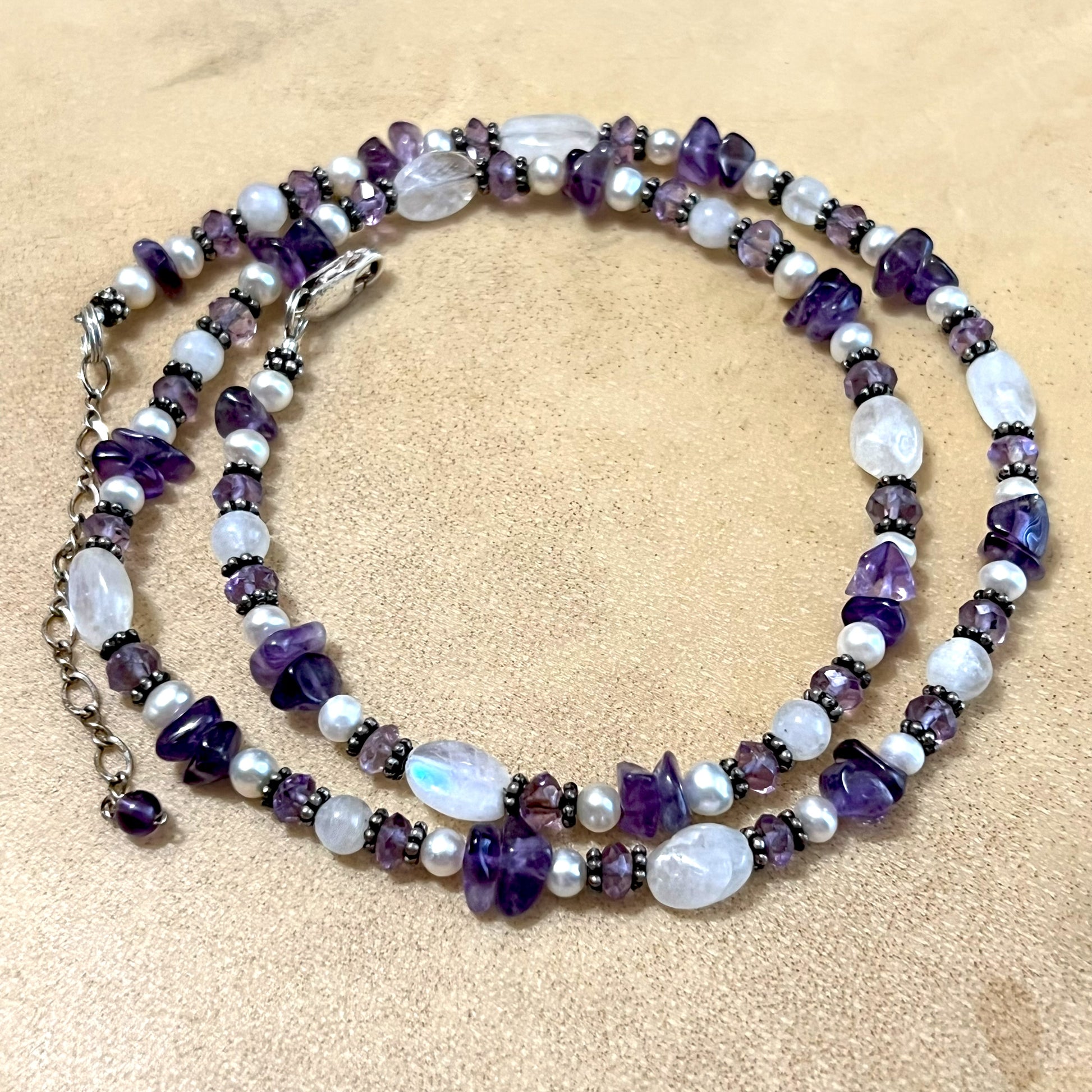 Amethyst, Rainbow Moonstone, Pearl Vintage Beaded 925 Sterling